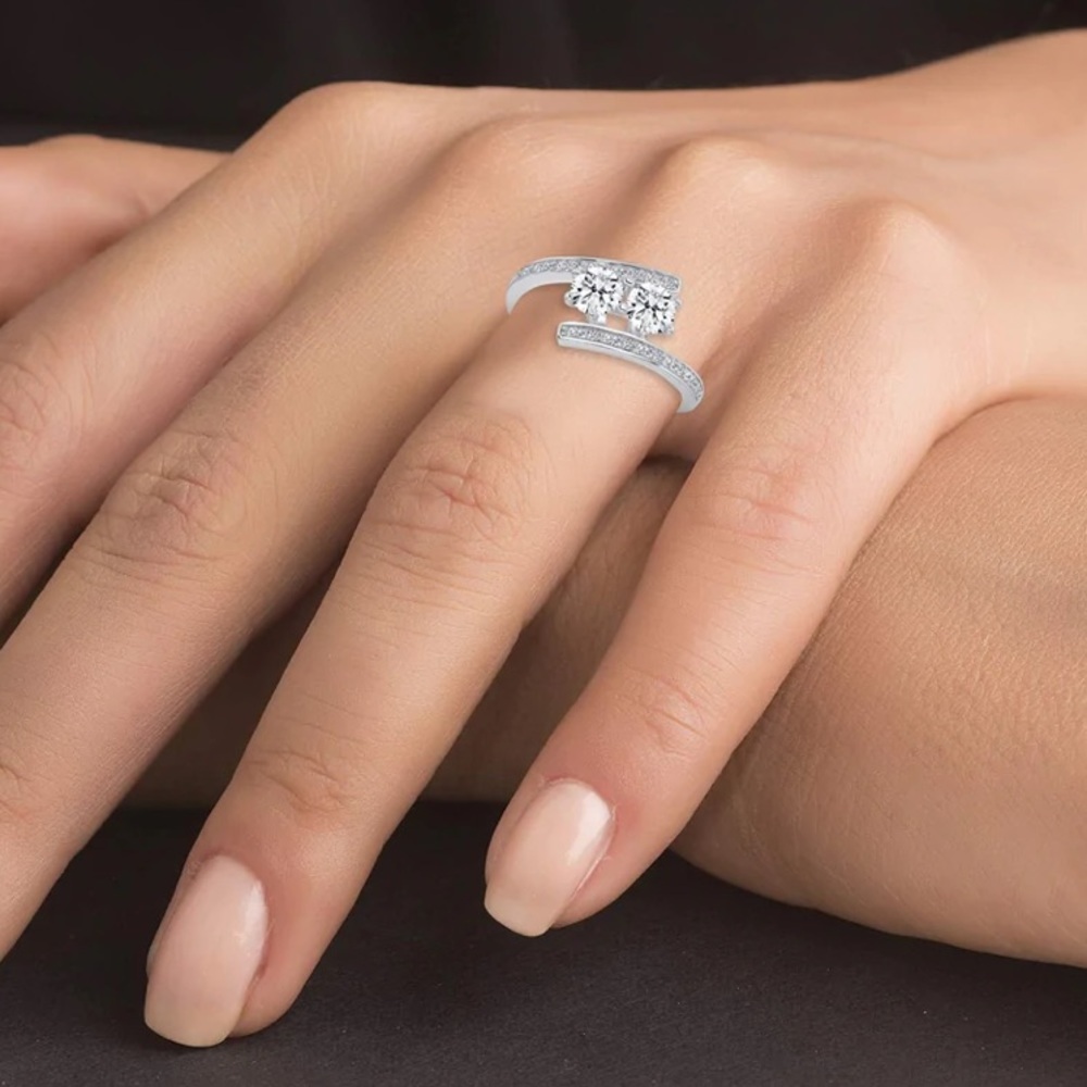 Double Round CZ Stone Promise Engagement Ring - Picture 2 of 9